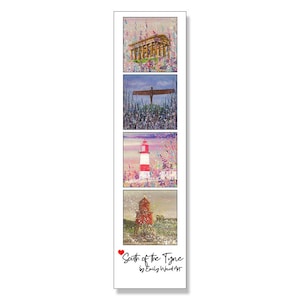 May include: A bookmark with four painted images: a classical building, a metal sculpture, a red and white lighthouse, and a red structure. The text "South of the Tyne" and the artist's name are at the bottom. The images have a colorful, artistic style.