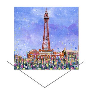 Tarjeta de felicitación de la Torre de Blackpool - Tarjeta de cumpleaños - Tarjeta de regalo con arte original - Tarjeta de aniversario - Arte costero - Tarjeta alegre - Arte icónico británico - Paseo marítimo del Reino Unido
