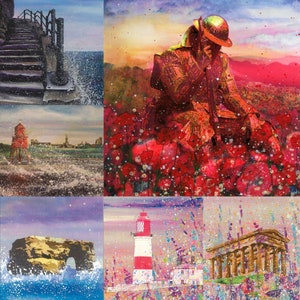 Paquete de seis tarjetas de felicitación de South Tyneside: Escaleras para perros y gatos, Espigón de Herd, Roca de Marsden, Faro de Souter y Monumento a Tommy Penshaw.