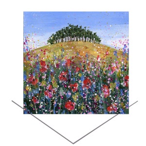 Boomgroetkaart-bloemengroetkaart-verjaardagskaart-bloemen kunstkaart-lege notitiekaart-wilde bloemen-over de heuvel-platteland kunst-bos