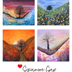 May include: Four square watercolor paintings of landscapes featuring trees. Each painting depicts a different scene with a tree in the center. The bottom right painting has the text "Sycamore Gap Emily Ward Art".