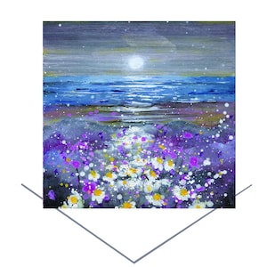 Moonlight on the Daisies-Greeting card created from original art-Emily Ward Greeting Card-Purple Card-Original Art Card-Blank Note Card-