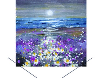 Moonlight on the Daisies-Greeting card created from original art-Emily Ward Greeting Card-Purple Card-Original Art Card-Blank Note Card-