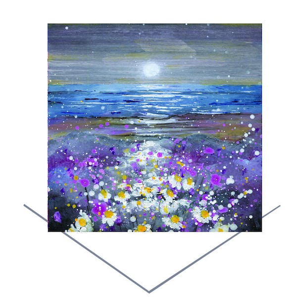 Luz de luna en las margaritas-Tarjeta de felicitación creada a partir de arte original-Tarjeta de felicitación de Emily Ward-Tarjeta púrpura-Tarjeta de arte original-Tarjeta de notas en blanco-