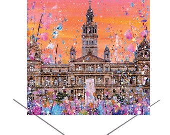 George Square Hand Made Greeting Card, Glasgow card, Birthday Card-Original Art Gift card, orange card, Glasgow city chambers card