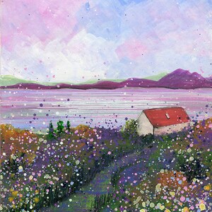 May include: A painting of a small white cottage with a red roof, nestled in a field of purple wildflowers. The cottage is situated on a hill overlooking a body of water with a purple and green mountain range in the background. The sky is a soft pink and blue with white clouds.