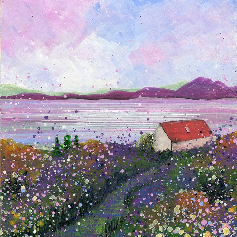 May include: A painting of a small white cottage with a red roof, nestled in a field of purple wildflowers. The cottage is situated on a hill overlooking a body of water with a purple and green mountain range in the background. The sky is a soft pink and blue with white clouds.