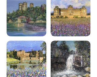 Coasters in a Box-County Durham Coasters-Set of 4 Coasters-North East Coasters-Durham Cathedral-Bowes Museum-Raby Castle-High Force-Nature