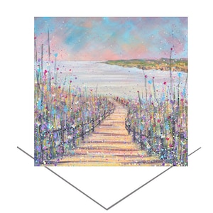 Tarjeta de felicitación con sendero costero - Sol junto al mar - Tarjeta de cumpleaños - Regalo de bellas artes - Tarjeta con notas en blanco - Escena de playa - Vacaciones de verano junto al mar - Día soleado