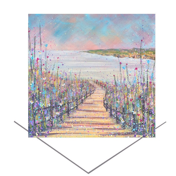 Coastal Path Handmade Greetings Card - Seaside Sunshine - Birthday Card - Original Art Gift - Blank Note Card -Beach scene