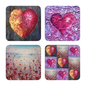 Love Heart Coasters-Set of 4 Coasters-Love Heart Coasters-Gold Heart Coaster-Purple Heart Coaster-Lots of Love Coaster-Love Flowers Coaster-
