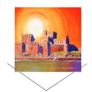 Peel Castle-wenskaart-verjaardagskaart-originele kunstcadeaukaart-verjaardagskaart-Isle of Man Art-vrolijke kaart-British Icon Art-Orange Sky