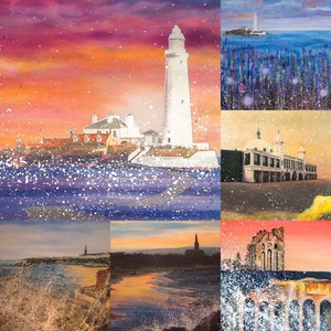 North Tyneside 6 pak ansichtkaarten-St Mary's Lighthouse-Whitley Bay-Spaanse stad-Priory Tynemouth-Longsands-Cullercoats Harbour-Coastal Art