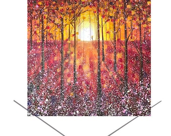Può includere: Un dipinto che rappresenta una scena di bosco con un tramonto arancione brillante sullo sfondo. Gli alberi sono in silhouette contro il tramonto, e ci sono piccoli punti bianchi sparsi in tutto il dipinto, dando l'impressione di neve.