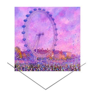 May include: A watercolour painting of the London Eye, set against a pink and purple sky. The artwork shows the wheel's structure in detail, with buildings and a colourful foreground.