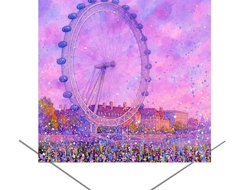 Tarjeta de felicitación del London Eye - Tarjeta en blanco - Tarjeta artística original - Tarjeta de cumpleaños - South Bank - Río Támesis - Regalo artístico
