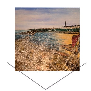 Carte de voeux Cullercoats Harbour - Angleterre du Nord-Est - carte d'anniversaire - carte d'art scène de plage - carte d'art North Tyneside - art de bord de mer côtier