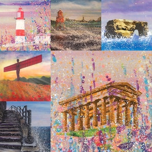 Confezione da 6 cartoline South Tyneside-Angelo del Nord-Monumento Penshaw-Faro Souter-Marsden Rock-Scale Cat & Dog-Stadio della Luce
