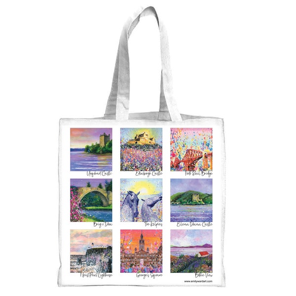Scotland Canvas Bag-9 Hand Painted Pictures-Long handles-Scottish scenes Bright Colourful eco  tote Bag-art bag-original art pictures