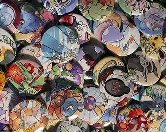 May include: A collection of colorful, round buttons featuring various cartoon character designs. The buttons showcase a variety of colors, including blue, red, green, and yellow. The designs appear to be from a popular animated series.