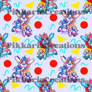 May include: A seamless pattern featuring cartoon illustrations of pink, blue, and yellow Pokémon characters against a light purple background. The pattern includes geometric shapes in yellow, blue, and red.
