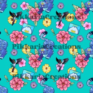 May include: A teal seamless pattern featuring stylized blue tigers, pink and yellow flowers, black birds, and small square illustrations of a duck. The design includes the text "Pikkarria Creations".