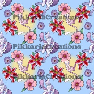 Könnte beinhalten: Ein sich wiederholendes Muster auf hellblauem Hintergrund mit den Pokémon Mewtwo und Mew sowie rosa und roten Blumen. Der Text "PikkariaCreations" ist ebenfalls im Design zu sehen.