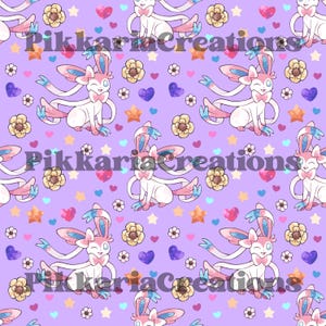 May include: A seamless pattern featuring a pink and blue cartoon character with large ears and a bow tie. The character is surrounded by hearts, stars, and flowers on a light purple background. The text "Pikkarie Creations" is repeated throughout the pattern.