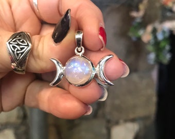 Triple Moon Amulet~ Rainbow Moonstone, medium