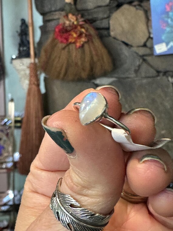 Rainbow Moonstone Ring, sterling Silver, size 5- Divine Goddess