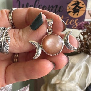 Triple Moon Amulet~ Peach/Pink Moonstone, Large