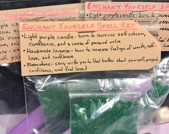 May include: Enchant Yourself Spell Kit with a light purple candle, green incense, and a moonstone. The kit is designed to increase self-esteem, confidence, and a sense of personal value.