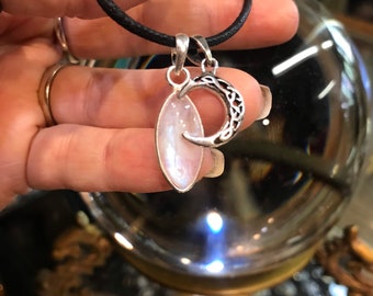 Rainbow Moonstone and Silver Crescent Amulet~ Moon Blessed
