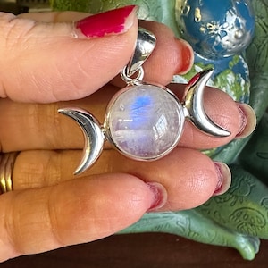 Triple Moon Amulet~ Rainbow Moonstone, Large