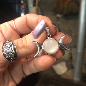 Triple Moon Amulet~ White Moonstone and Silver, Medium