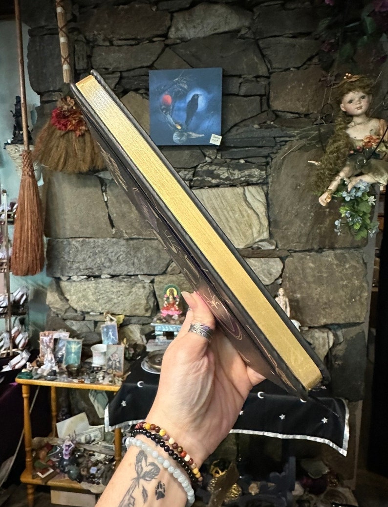 Op de afbeelding: Een zwart lederen gebonden dagboek met goudkleurige randen en een decoratief ontwerp op de omslag. Het dagboek wordt vastgehouden in een hand met een zilveren ring aan de wijsvinger.