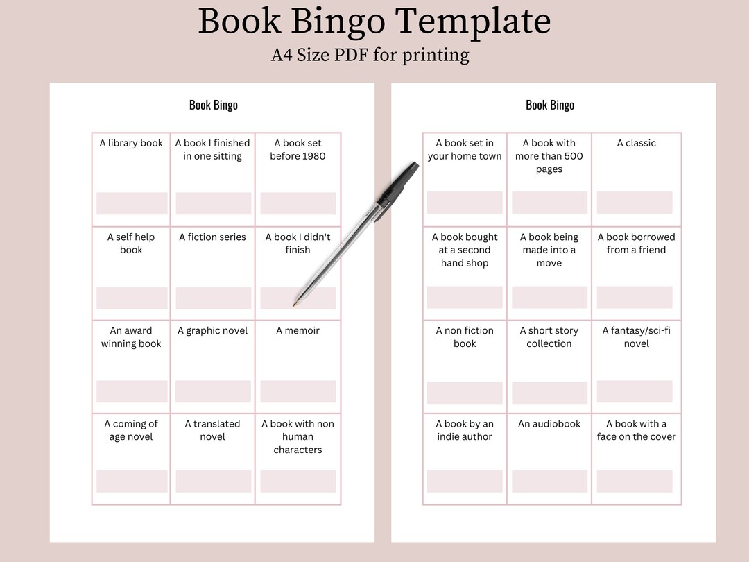 Book Bingo Template, Book Challenge, PDF A4 Printable Etsy