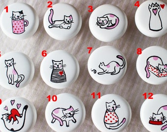 Handpainted Cat Knobs: Black and White Drawer Pulls