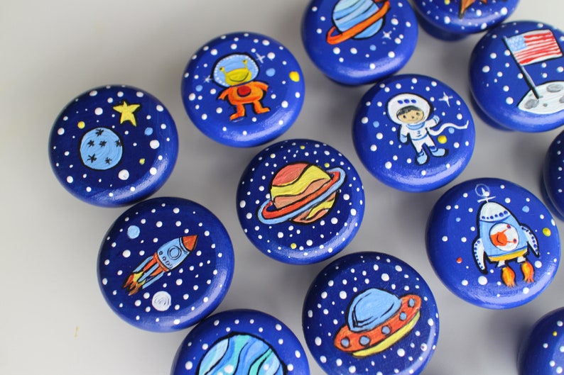 Handpainted Space Knobs Astronaut Dresser wooden Children's Dresser handmade craft : Astronaut, Rocket, Moon image 3