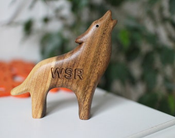 Handmade Wooden Wolf Toy: Organic Waldorf Decor, Custom Name