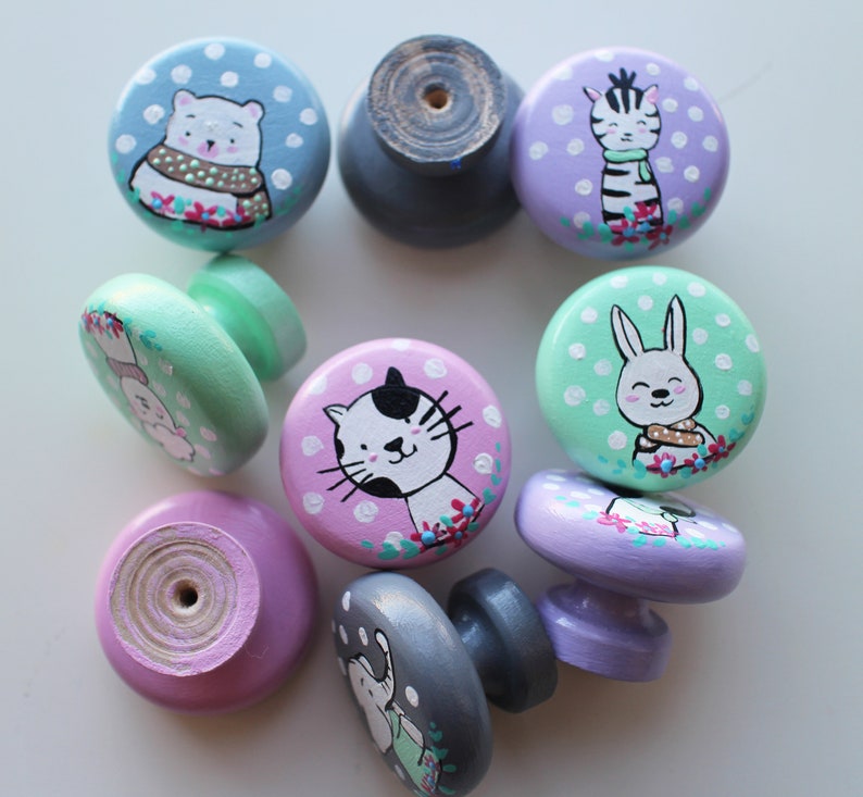 Hand painted knobs Animal Drawer Knobs pulls Wooden handmade Etsy