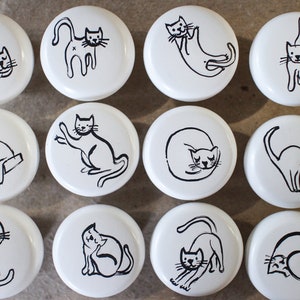 Handpainted wooden white knob cat Knobs breeds of cats Drawer Pulls Dresser Pulls Black and White knobs Kids Knobs