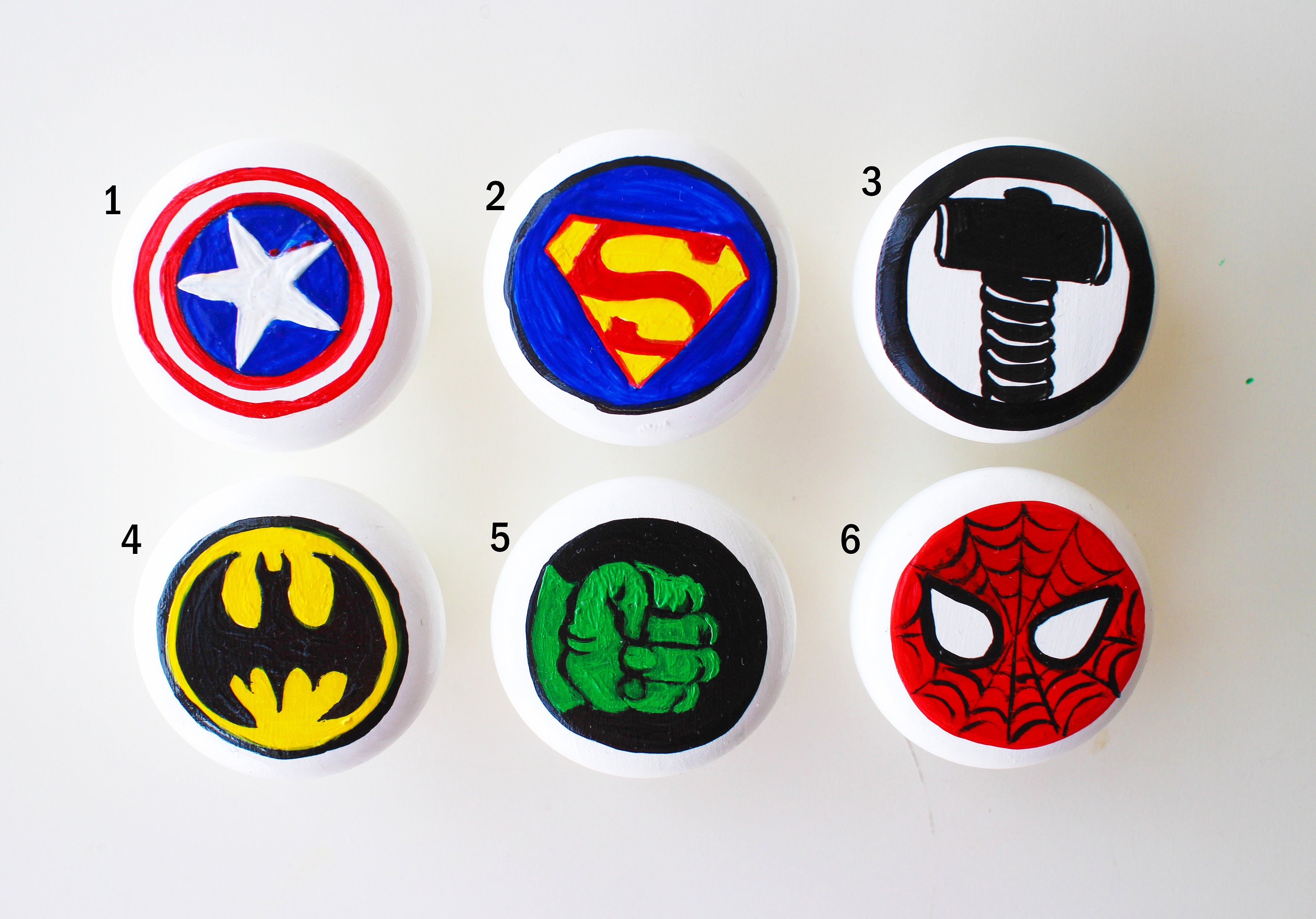 Super hero knobs. Wooden handmade drawer knobs. Superhero Etsy