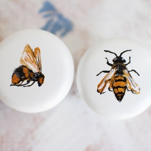 Może przedstawiać: Dwa białe, okrągłe pokrętła z namalowanymi wzorami pszczół. Jedna pszczoła jest brązowa i czarna z żółtymi akcentami, a druga pszczoła jest żółta i czarna z białymi akcentami.