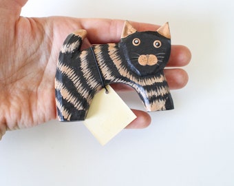 Wooden black tabby Cat Figurine: Handmade Magnet craft Waldorf Toy