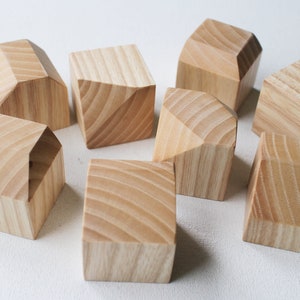 Könnte beinhalten: Acht geometrische Holzblöcke in verschiedenen Formen, alle aus hellem braunem Holz mit natürlicher Maserung.