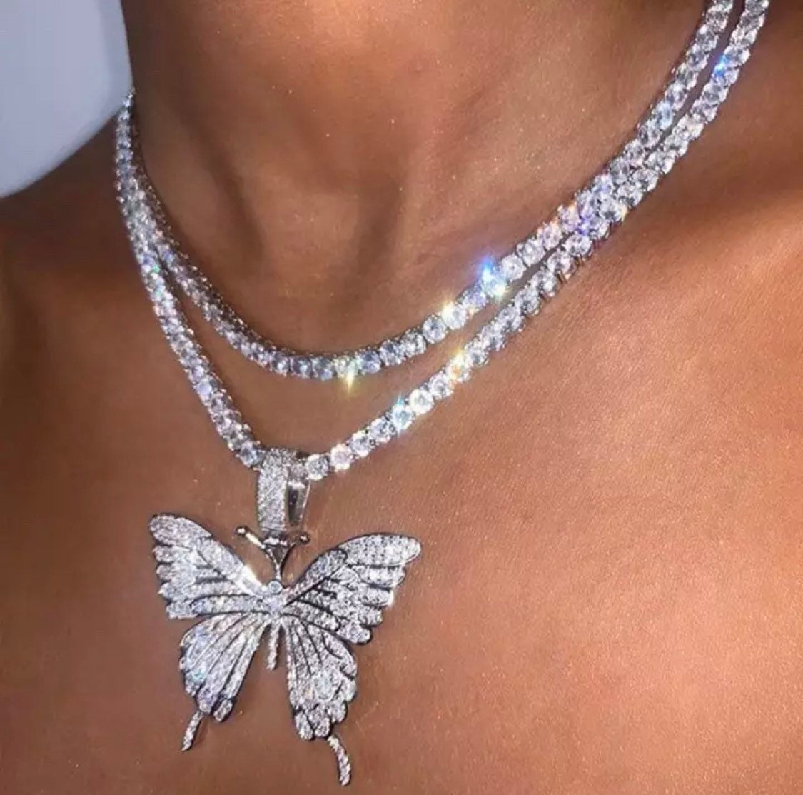 Butterfly Tennis Chain Necklace CZ 