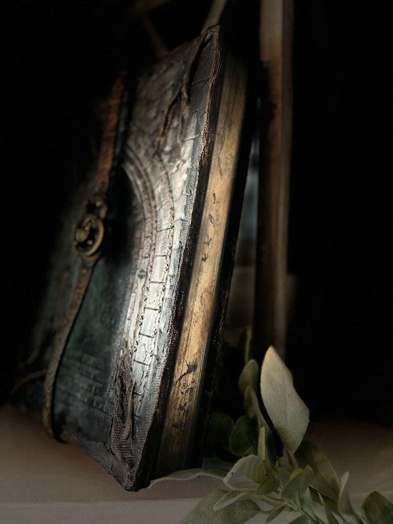 May include: A dark green leather-bound journal with a silver and gold embossed design. The journal is closed and has a metal clasp.