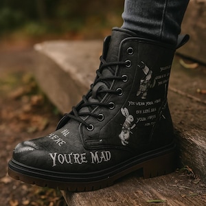 Alice in Wonderland Boots, Mad Hatter, for her, cottagecore, witchcore, 90&#39;s boots, black and white
