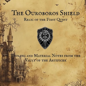 May include: A vintage-style parchment with the title "The Ouroboros Shield" and the text "Relic of the First Quest." A black and white shield emblem is centered. The bottom text reads "Tooling and Material Notes from the Vault of the Artificer."